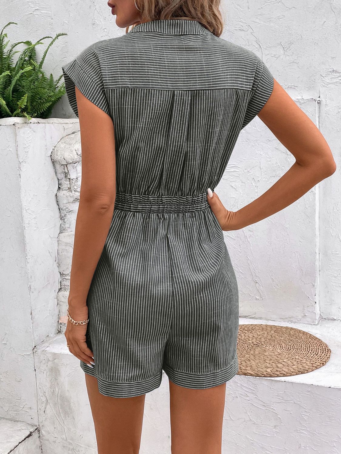 Striped Notched Tie Waist Romper Trandify deal