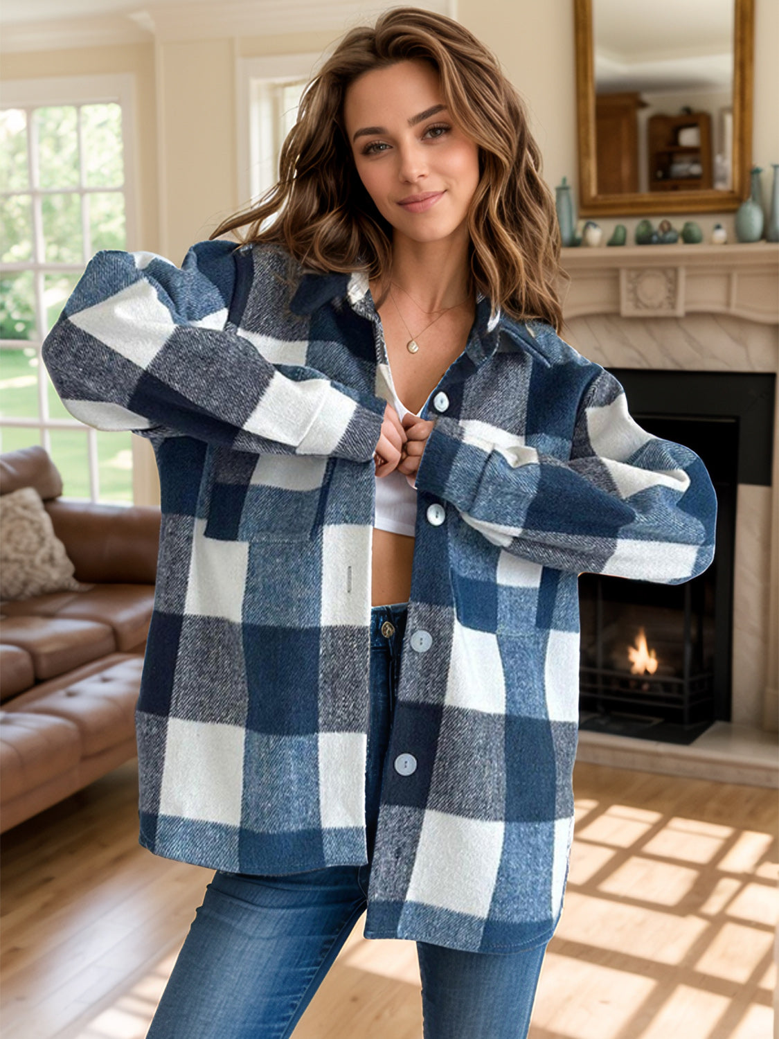 Plaid Button-Up Long Sleeve Shacket for Women - Trendy and Cozy Layering Piece - TrandifyDeal