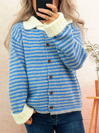 Women's Striped Knit Cardigan - V-Neck Button Down