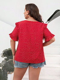 Plus Size Polka Dot Notched Flounce Sleeve Blouse Trendsi