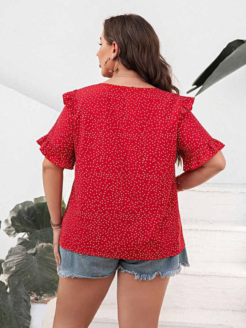 Plus Size Polka Dot Notched Flounce Sleeve Blouse Trendsi