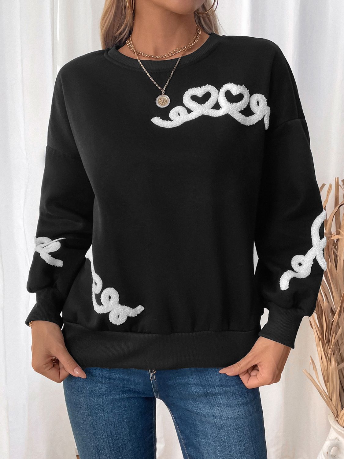 Perfee Heart Round Neck Long Sleeve Sweater Trandify Deal