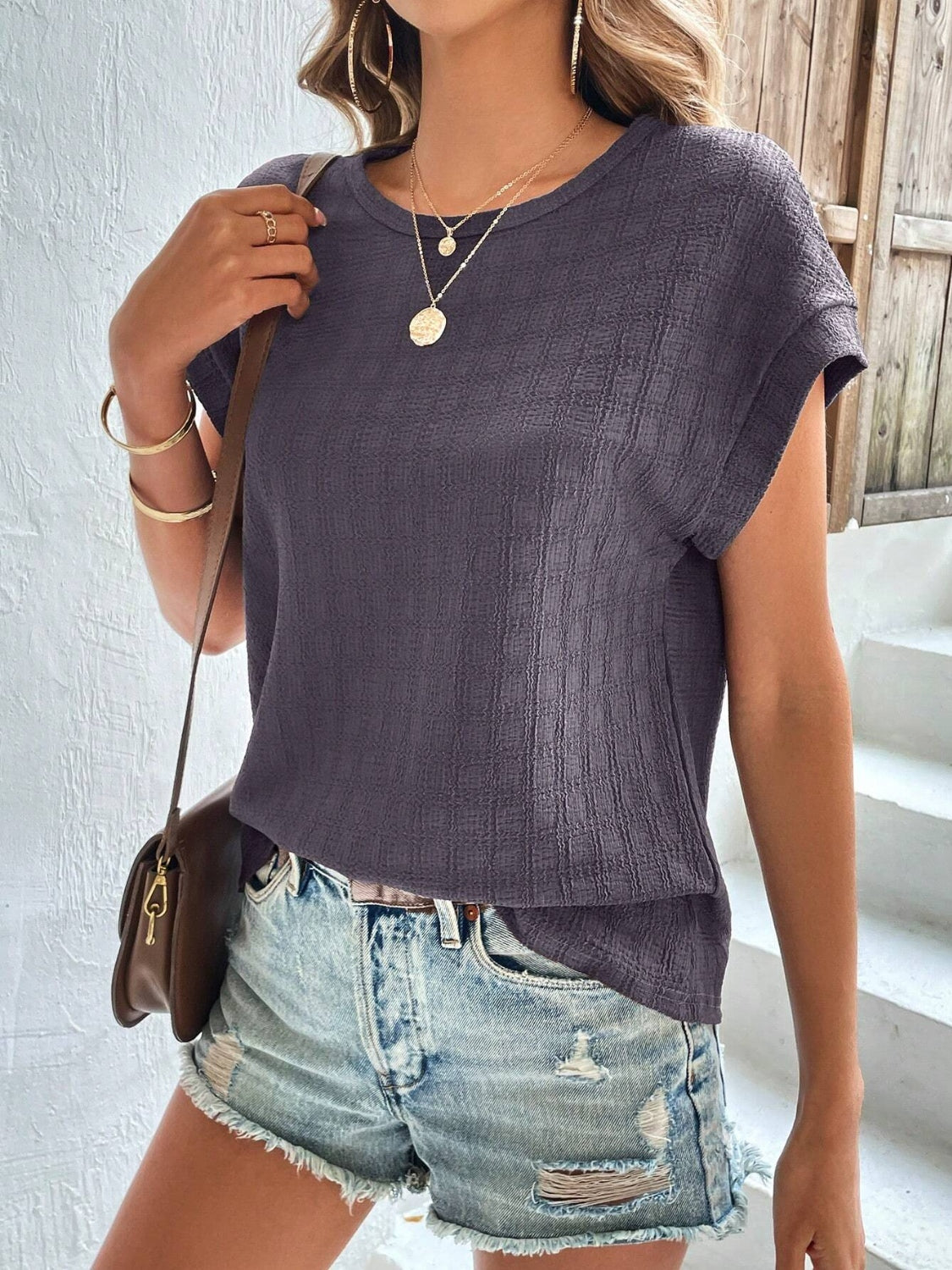Textured Round Neck Short Sleeve Top Trandify deal