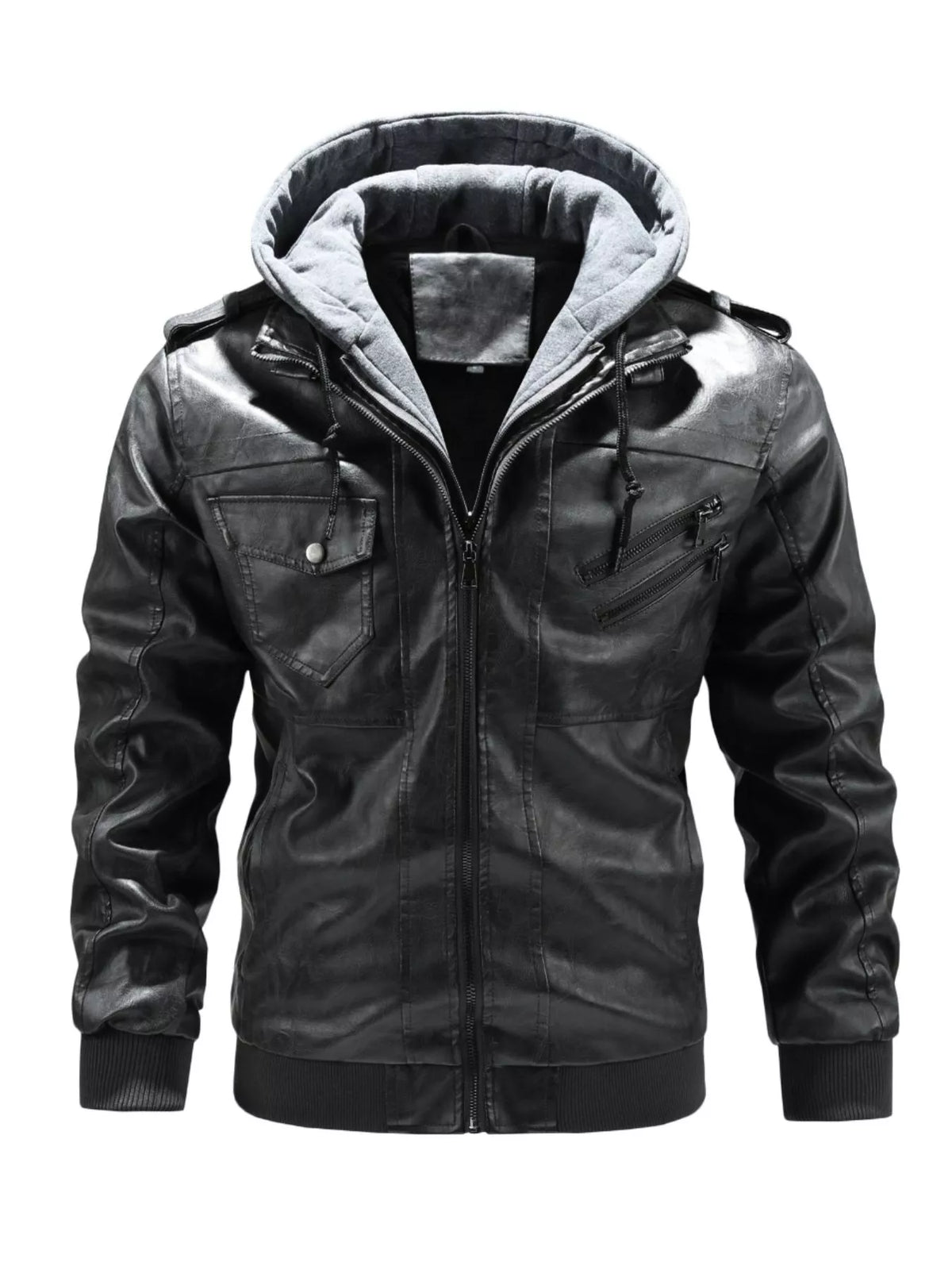 men's zip up hooded jacket in Gray, thick PU leather streetwear coat