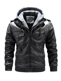 men's zip up hooded jacket in Gray, thick PU leather streetwear coat