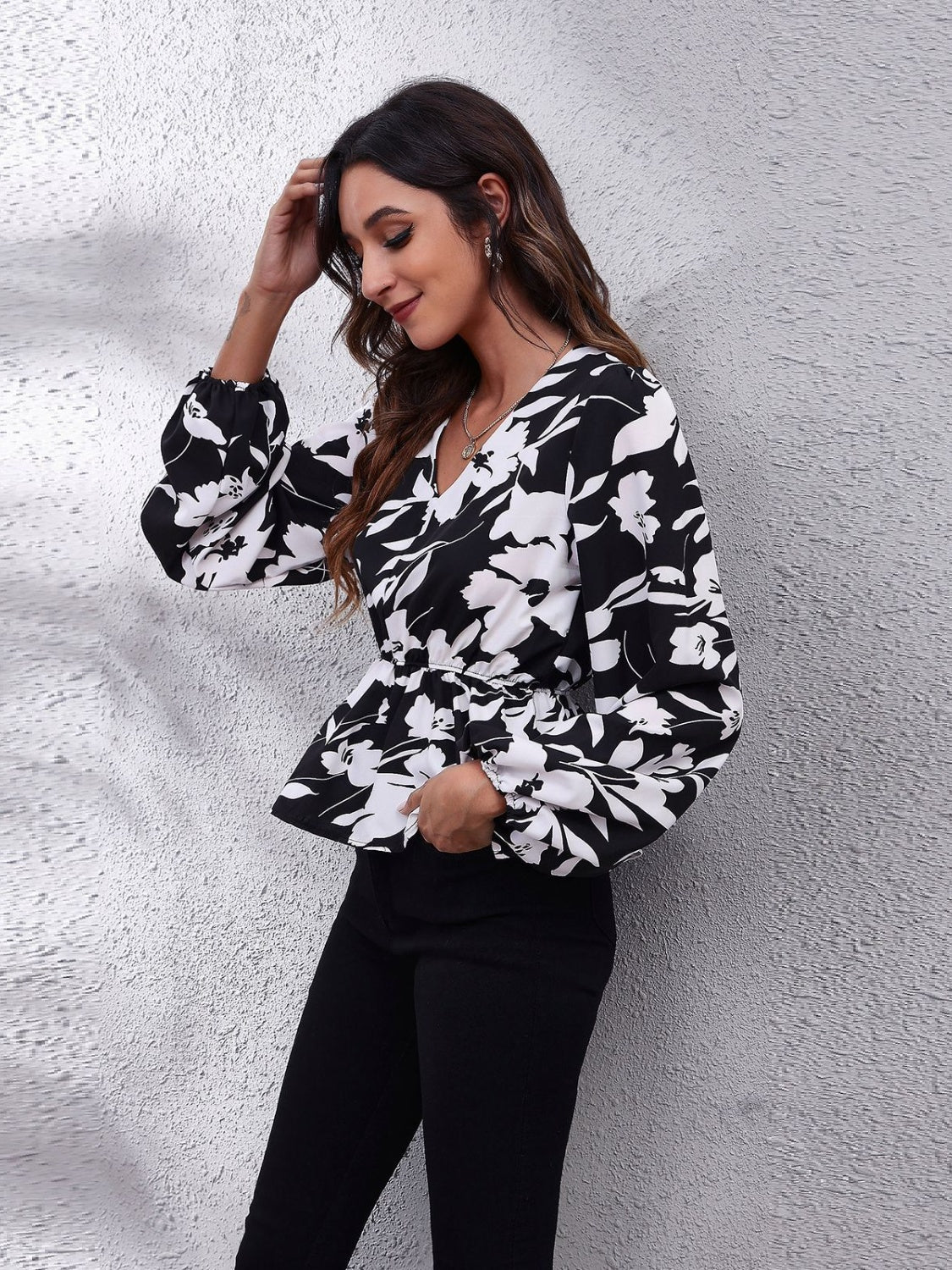 Printed V-Neck Long Sleeve Blouse Trandify Deal