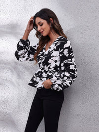 Printed V-Neck Long Sleeve Blouse Trandify Deal