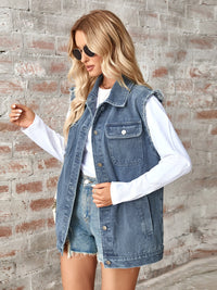 Raw Hem Sleeveless Button Up Denim Jacket Trandify deal