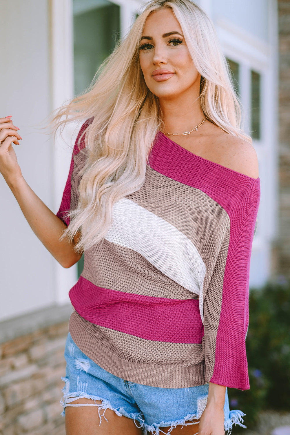 Color Block Boat Neck Half Sleeve Knit Top Trandify deal