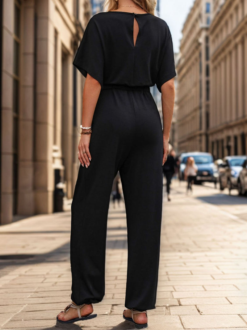 Notched Half Sleeve Straight Jumpsuit Trandify deal