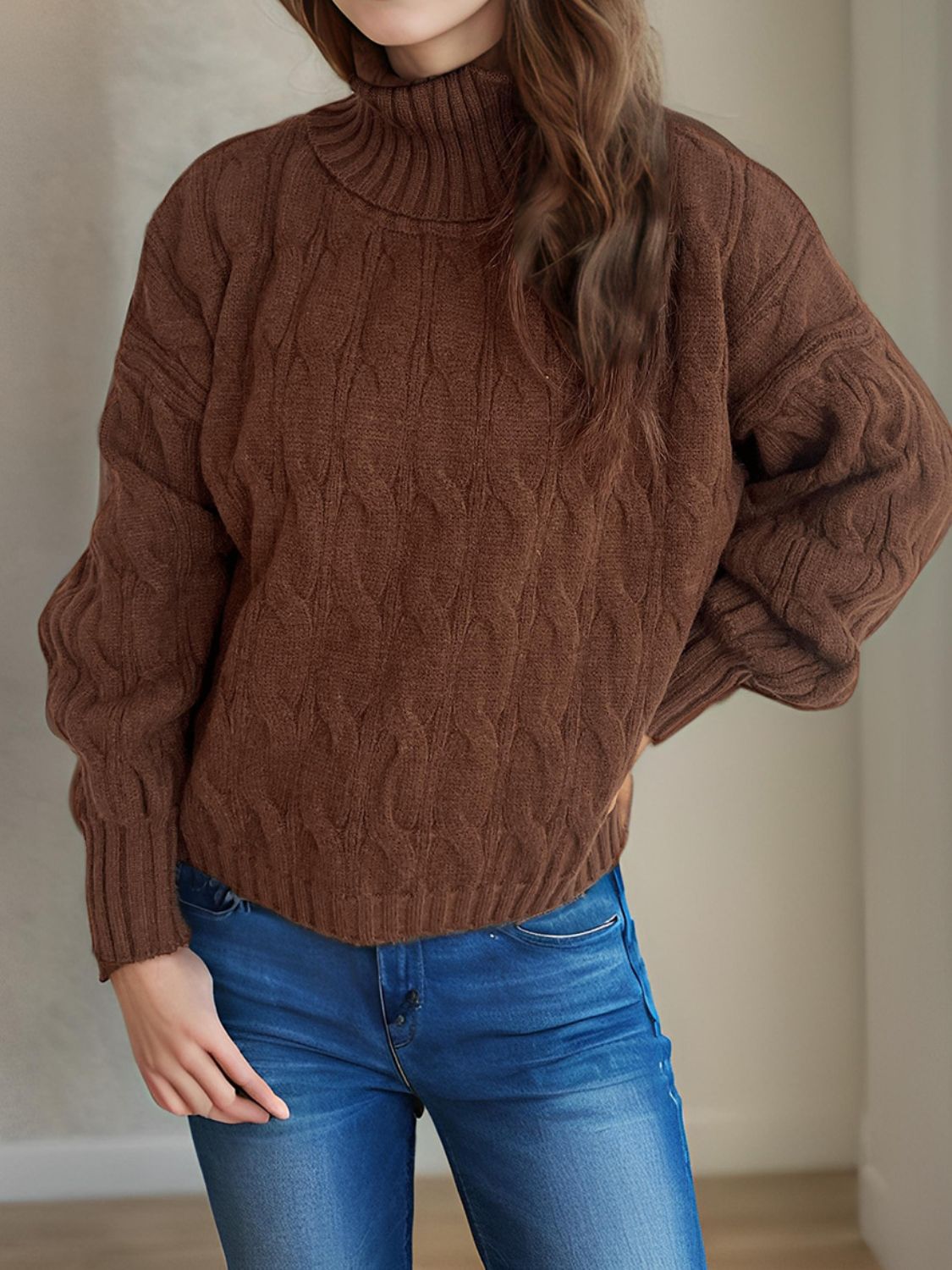 Cable-Knit Turtleneck Long Sleeve Sweater Trandify Deal