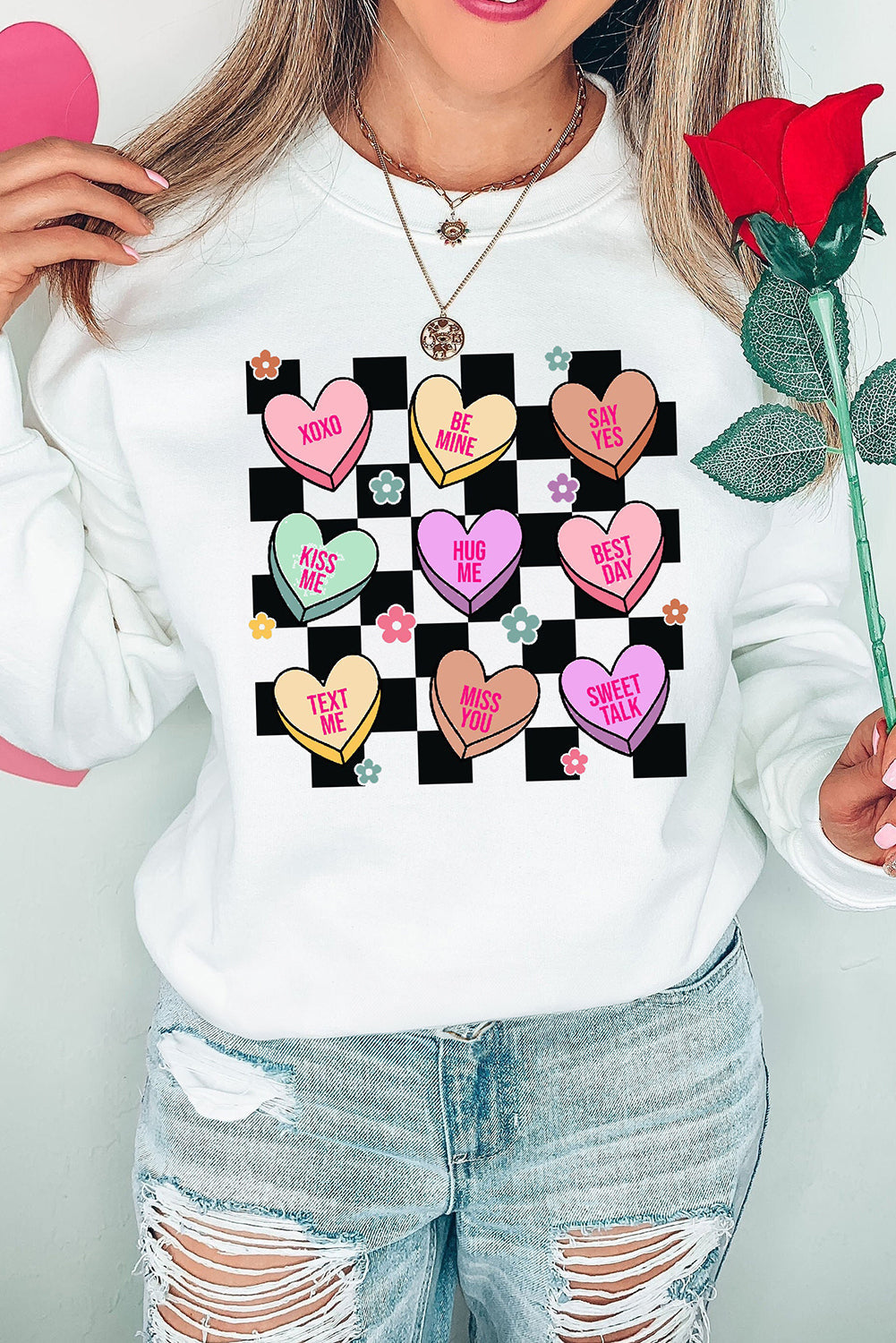 Valentine's Day Checkered Heart Long Sleeve Sweatshirt Trandify Deal