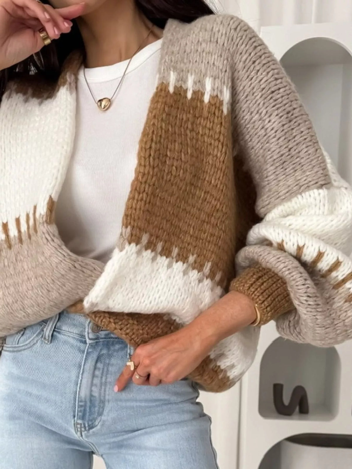 Color Block Open Front Cardigan - Basic Long Sleeve Polyester Top