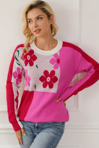 Flower Color Block Round Neck Sweater Trandify Deal