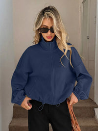 Women's Ribbed Drawstring Jacket - Casual Long Sleeve Zip-Up