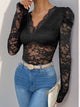 Perfee Lace V-Neck Long Sleeve Bodysuit Trandify Deal