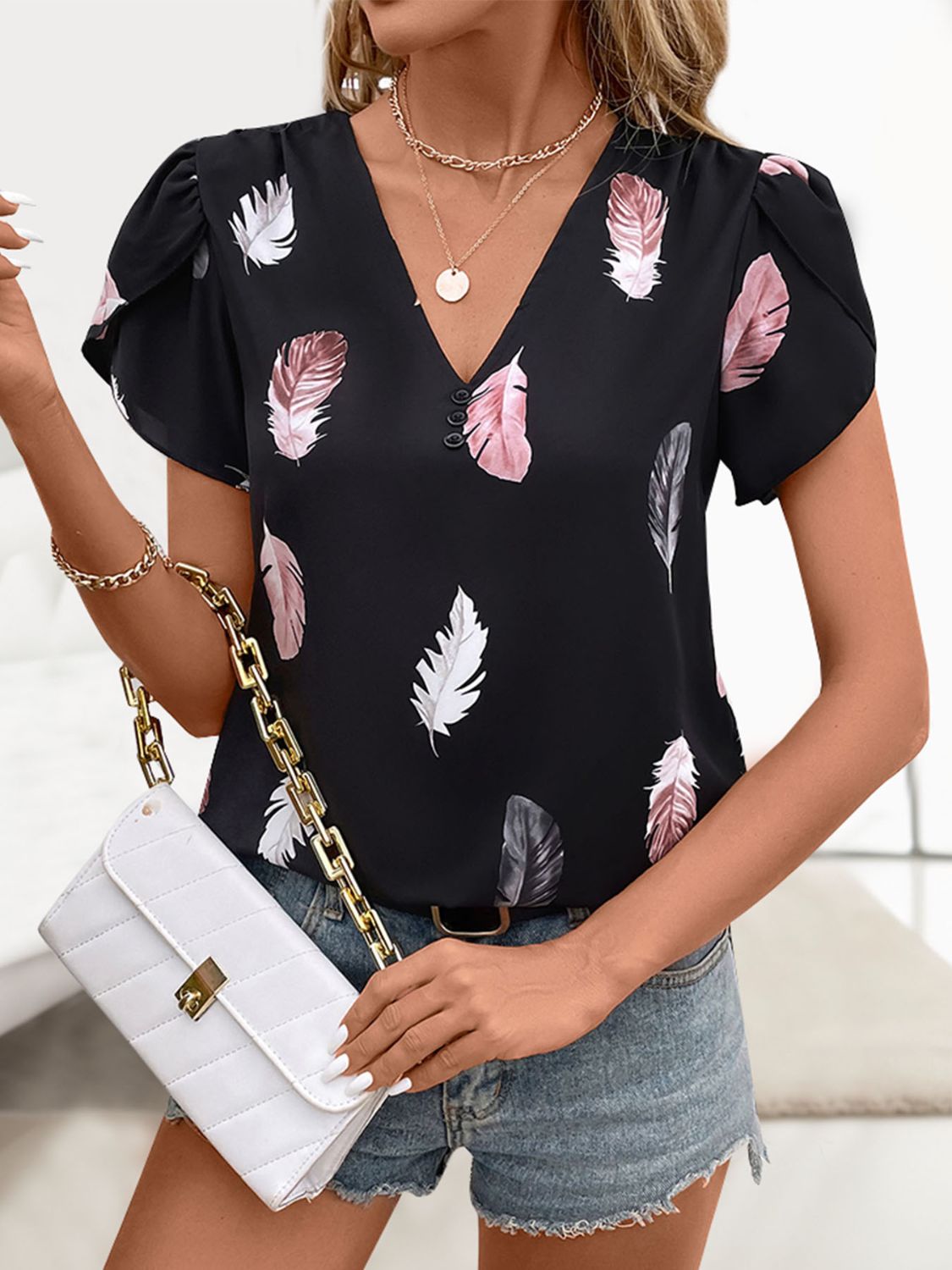 Perfee Printed V-Neck Short Sleeve Blouse Trandify deal