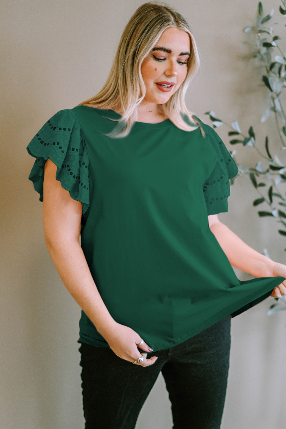 Plus Size Eyelet Round Neck Short Sleeve Blouse Trandify deal