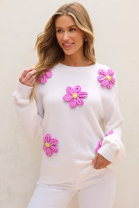 Crochet Flower Round Neck Long Sleeve Sweater Trandify Deal