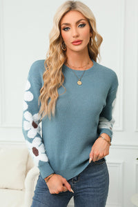 Flower Round Neck Long Sleeve Sweater Trandify Deal