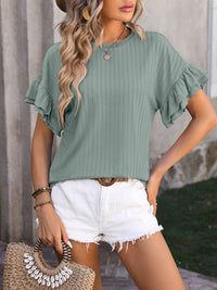 Ruffled Round Neck Short Sleeve Top Trandify deal