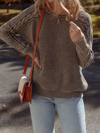 Women's beige cable knit cotton sweater casual crewneck pullover