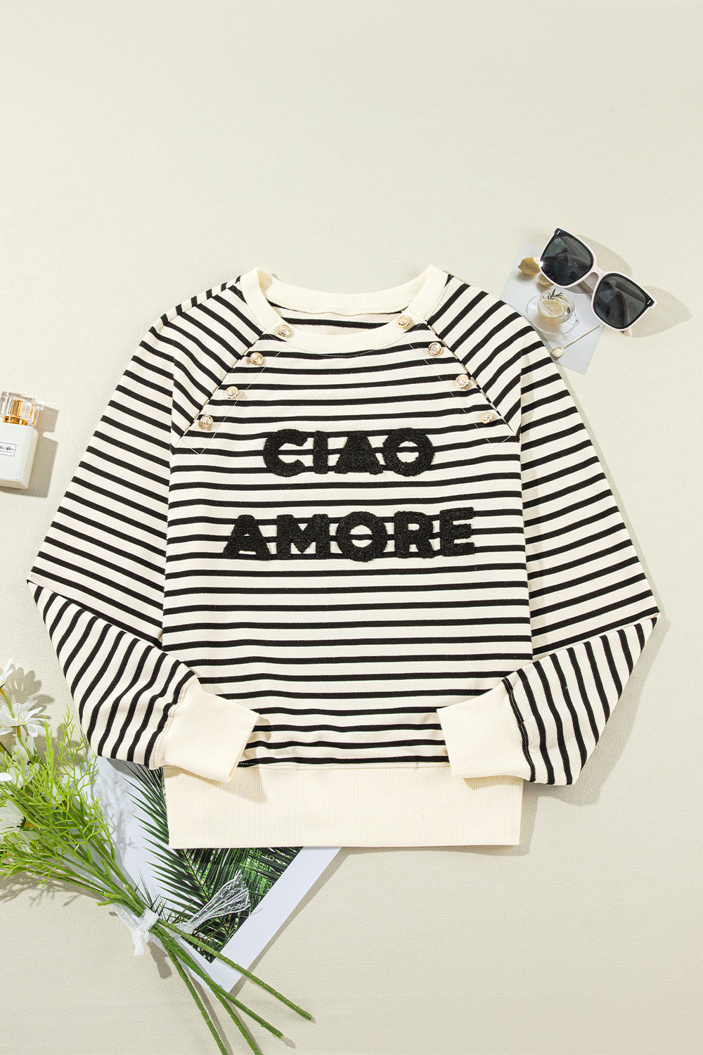 Decorative Button Striped Long Sleeve Sweatshirt Trandify Deal