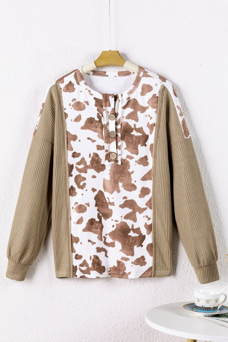 Printed Dropped Shoulder Long Sleeve Blouse Trandify deal