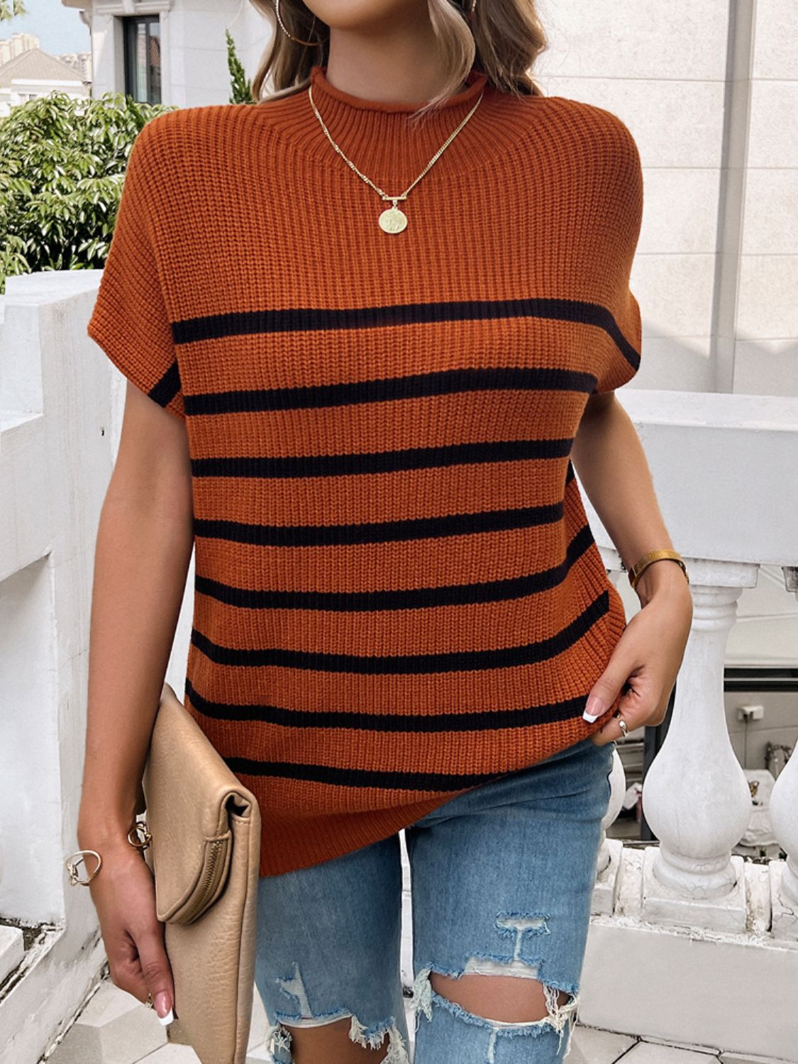Devine Striped Mock Neck Short Sleeve Sweater Trandify deal