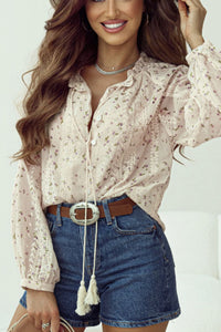 Frill Lace Detail Printed Tie Neck Long Sleeve Blouse Trandify Deal