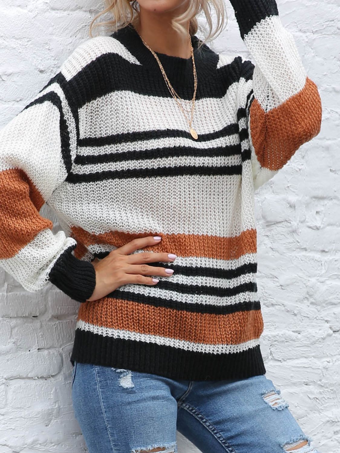 Contrast Striped Round Neck Long Sleeve Sweater Trandify Deal
