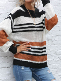 Contrast Striped Round Neck Long Sleeve Sweater Trandify Deal