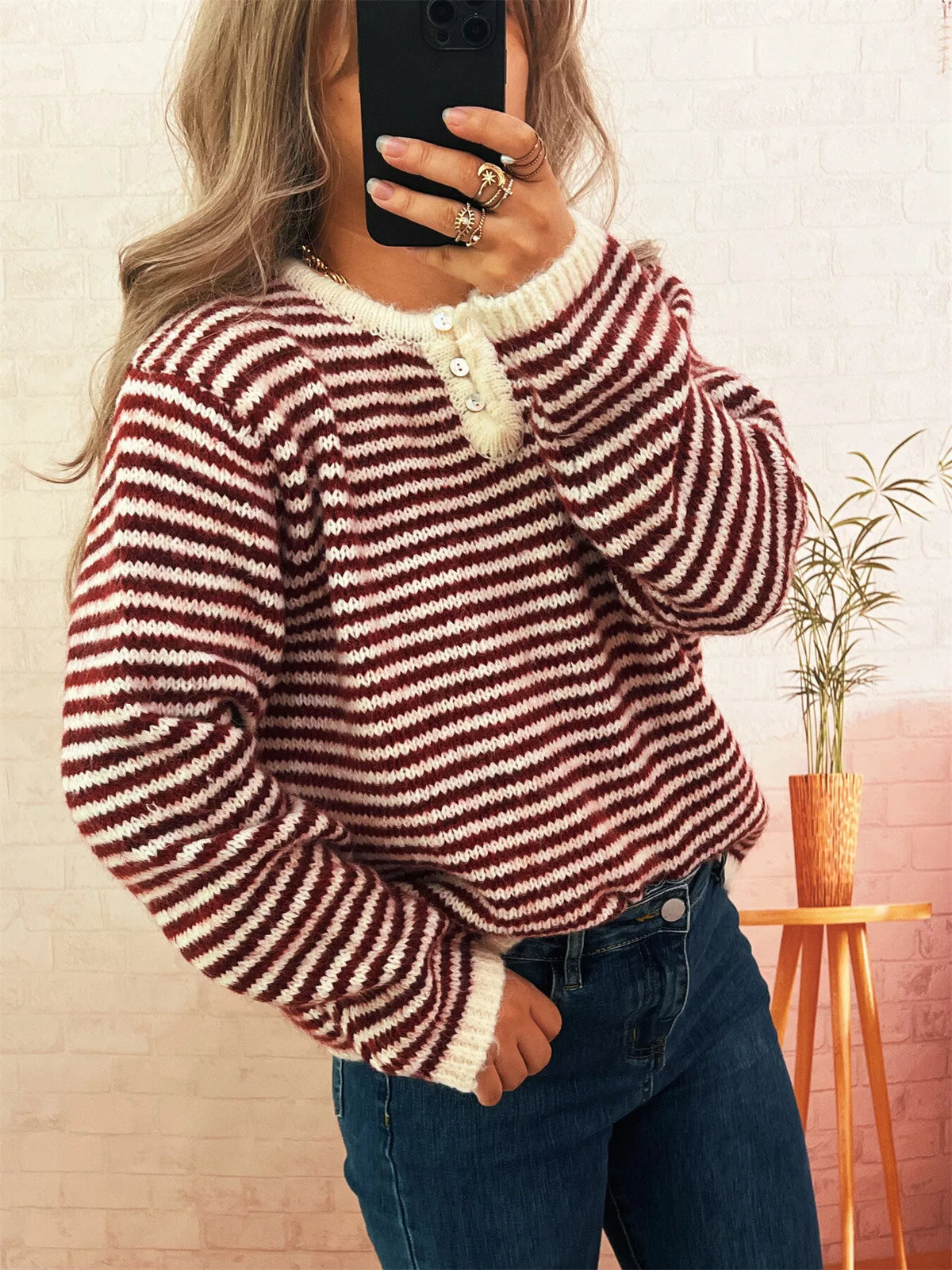 Women's Striped Button Sweater - Long Sleeve Knit Top