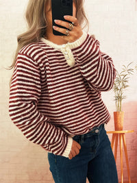 Women's Striped Button Sweater - Long Sleeve Knit Top