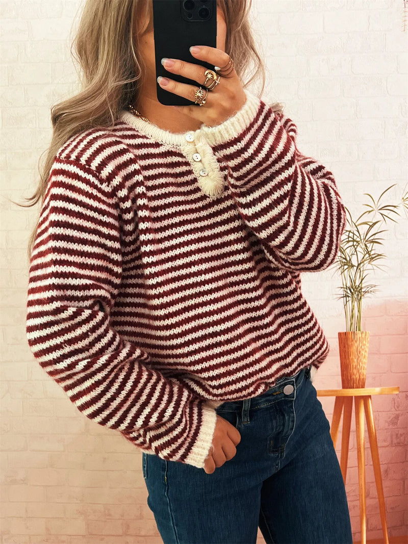 Women's Striped Button Sweater - Long Sleeve Knit Top
