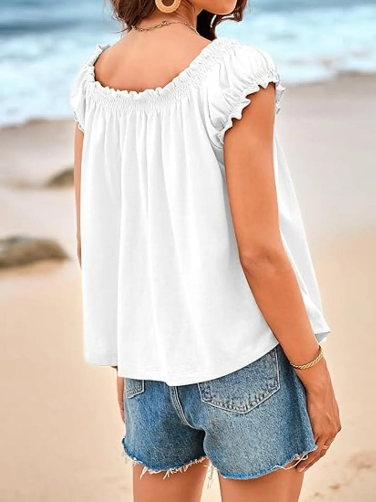 Women’s Tie-Front Smocked Blouse in white – Boho Chic Ruffled Sleeve Top for Summer