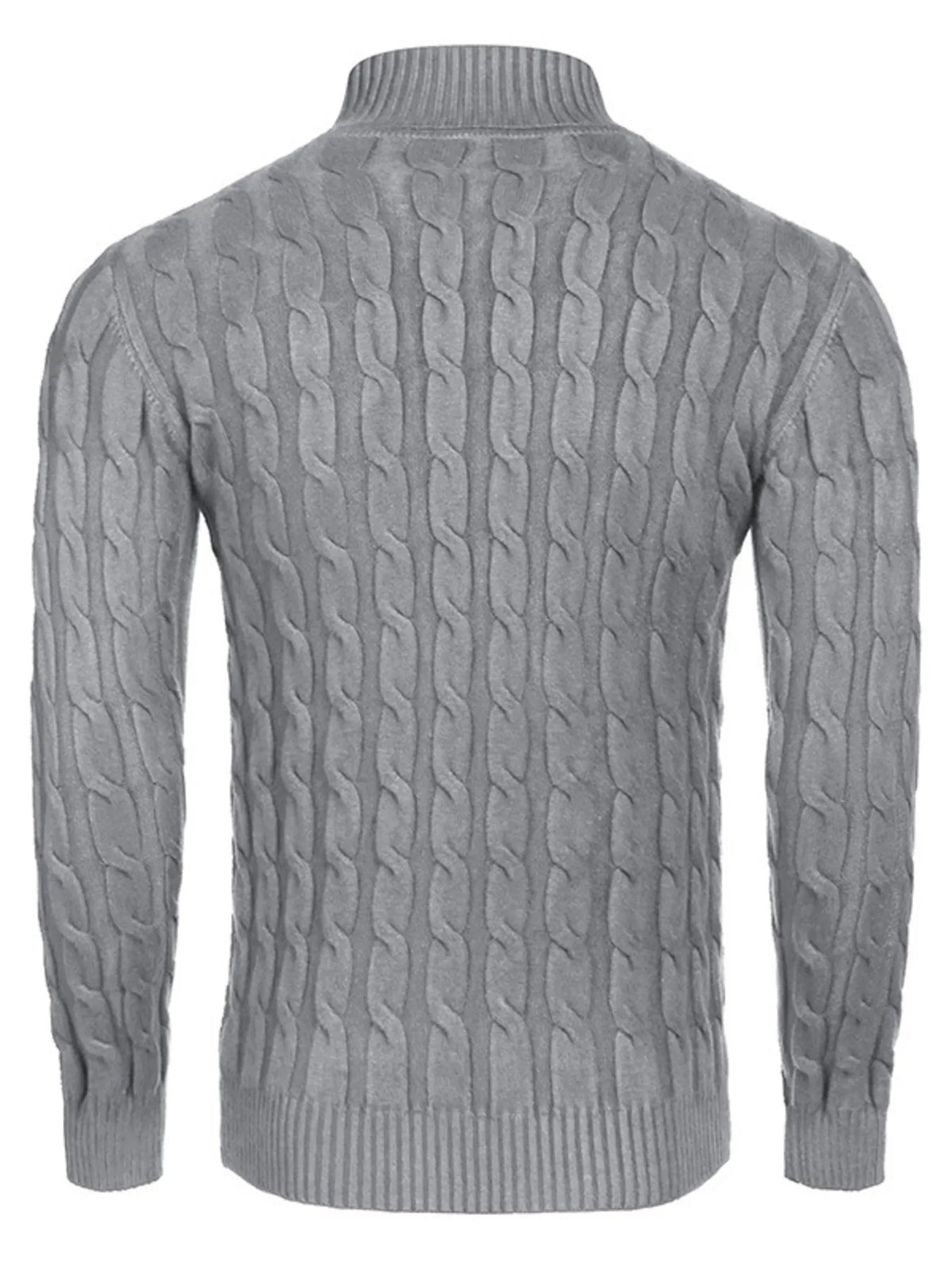 Men's Cable Knit Turtleneck Sweater worn by a model in Gray