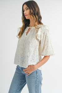 MABLE Eyelet Lace Ruffle Shoulder Puff Sleeve Blouse Trandify deal