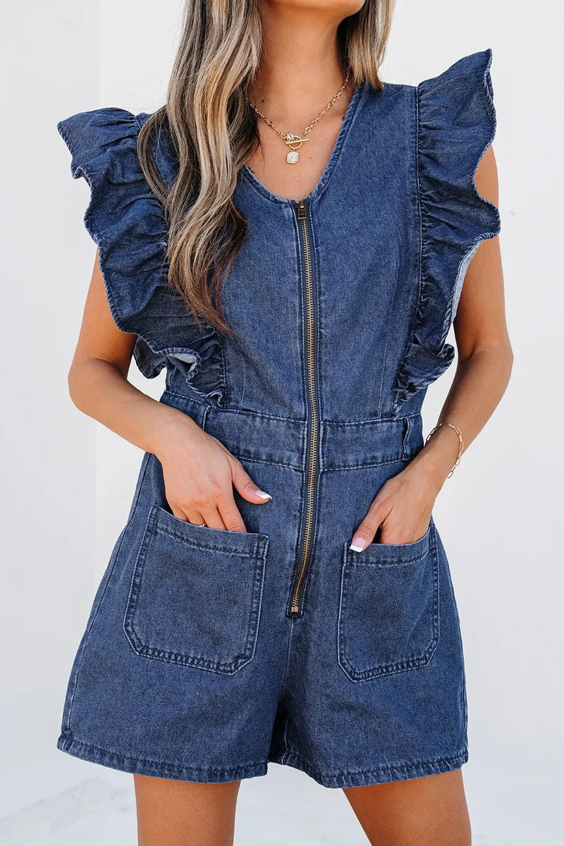 Denim Romper with ruffled detail and front zipper