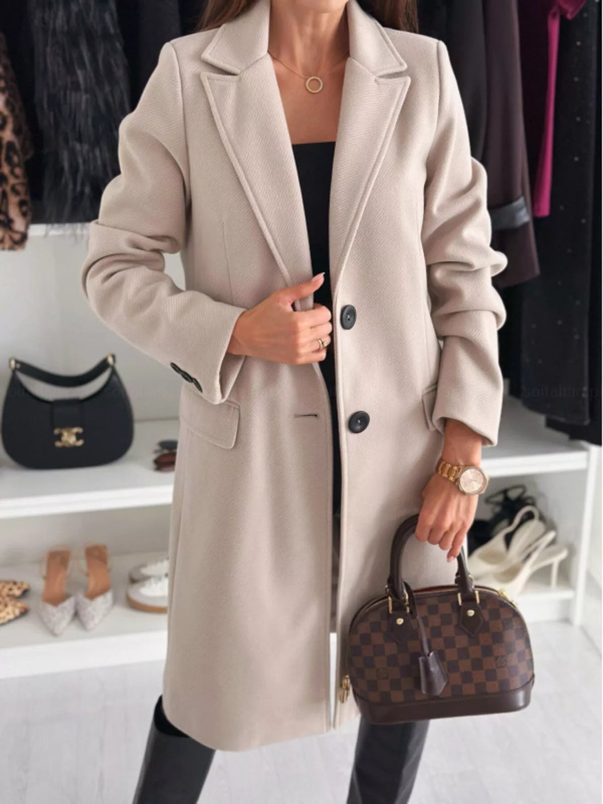 Women's Lapel Collar Long Sleeve Coat - Buttoned & Pocketed