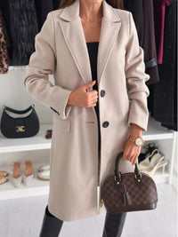 Women's Lapel Collar Long Sleeve Coat - Buttoned & Pocketed