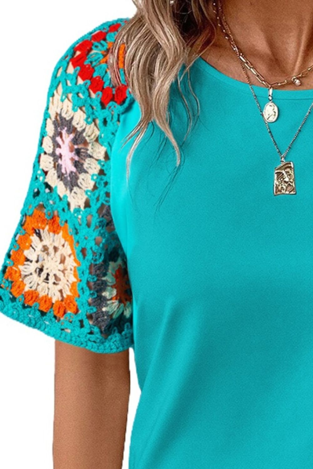Geometric Round Neck Short Sleeve Blouse - Trandify Deal