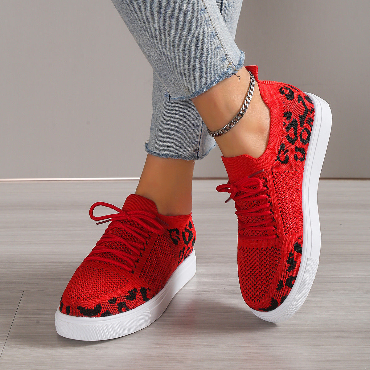 Lace-Up Leopard Flat Sneakers Trandify Deal