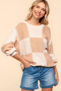 Haptics Full Size Checkered Round Neck Drop Shoulder Sweater Trandify Deal