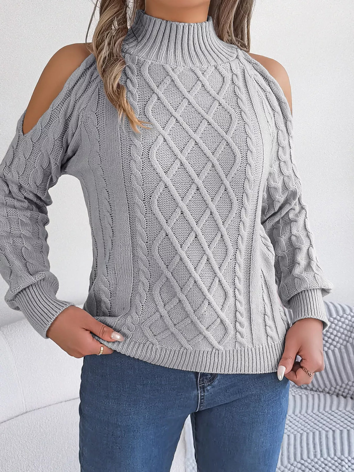 Women's Cold Shoulder Sweater | Cable Knit Turtleneck