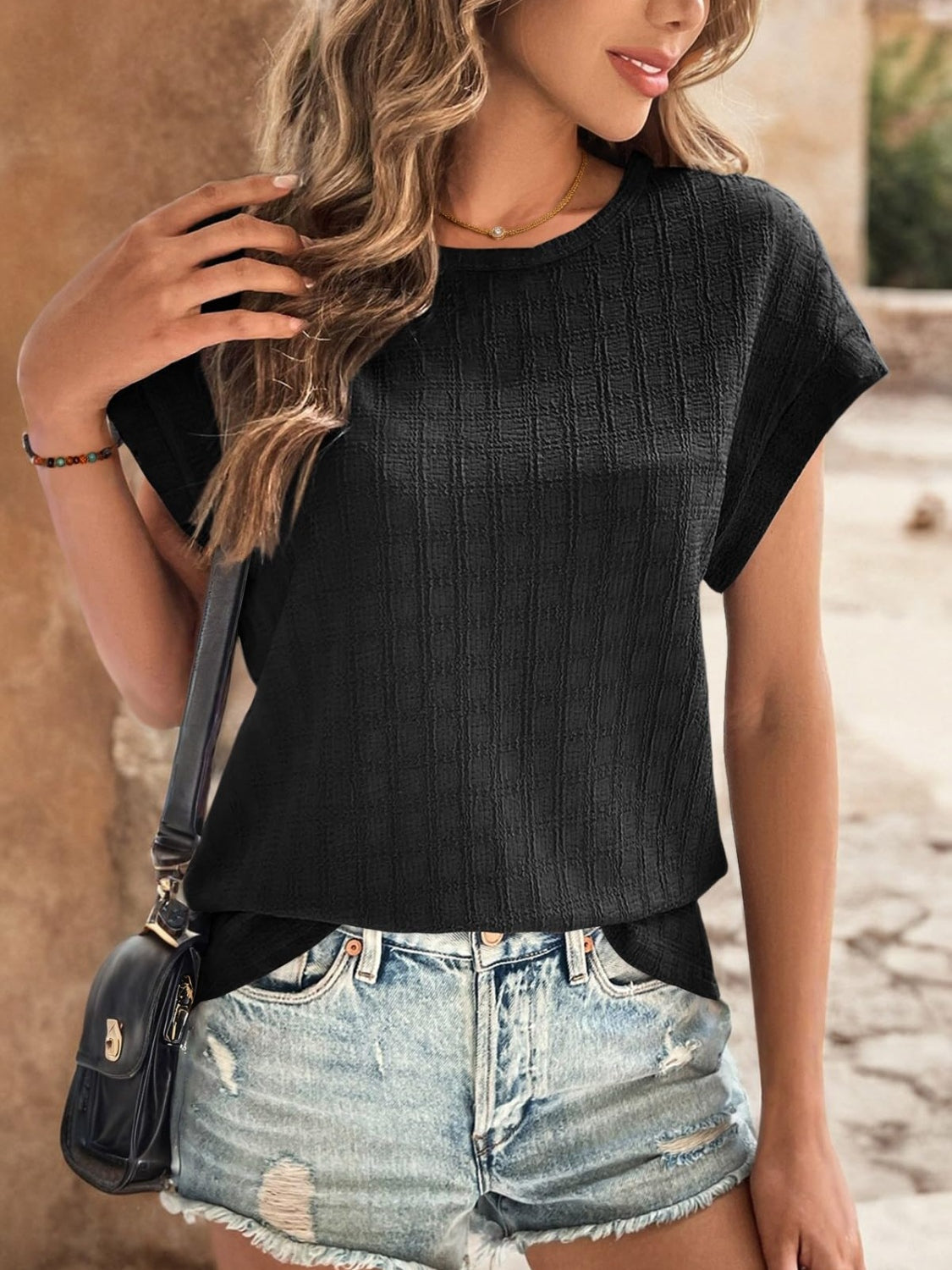 Textured Round Neck Short Sleeve Top Trandify deal