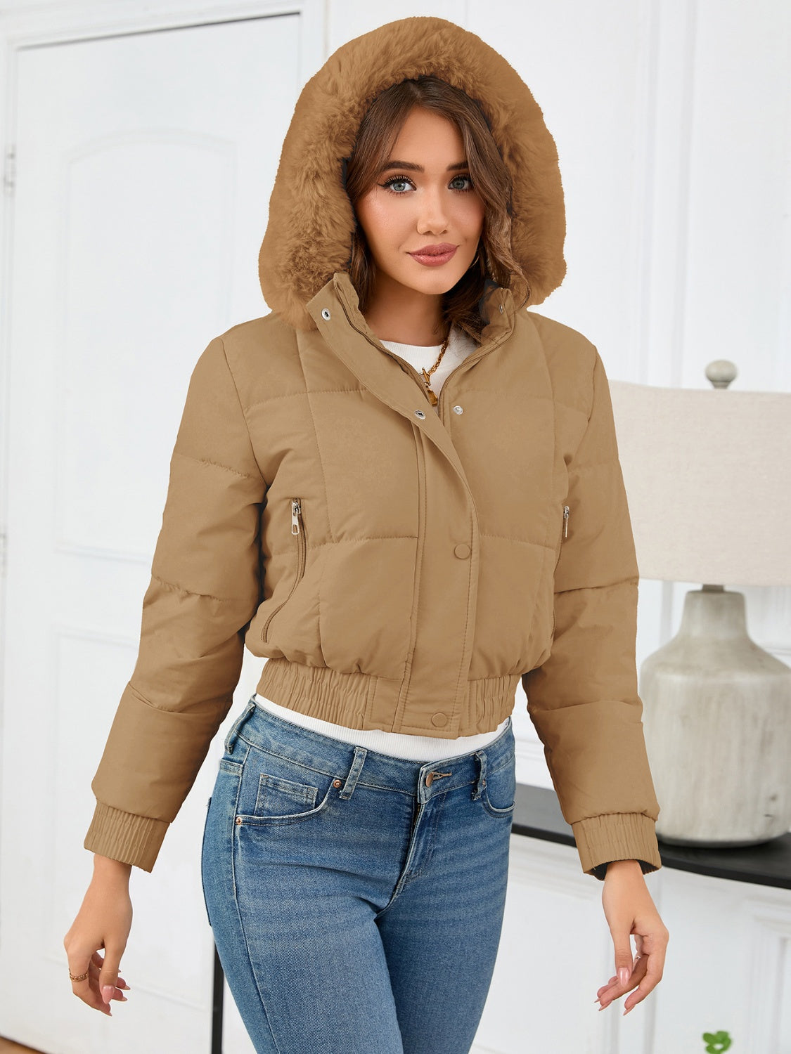 Pocketed Long Sleeve Cropped Hooded Winter Coat Trandify Deal