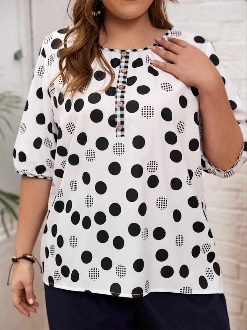 Plus Size Polka Dot Round Neck Half Sleeve Blouse Trandify deal
