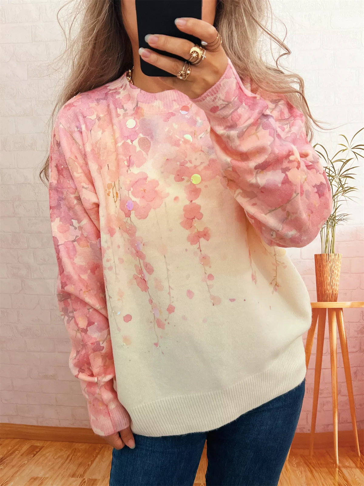 Women's Sequin Crewneck Sweater - Long Sleeve Party Wear