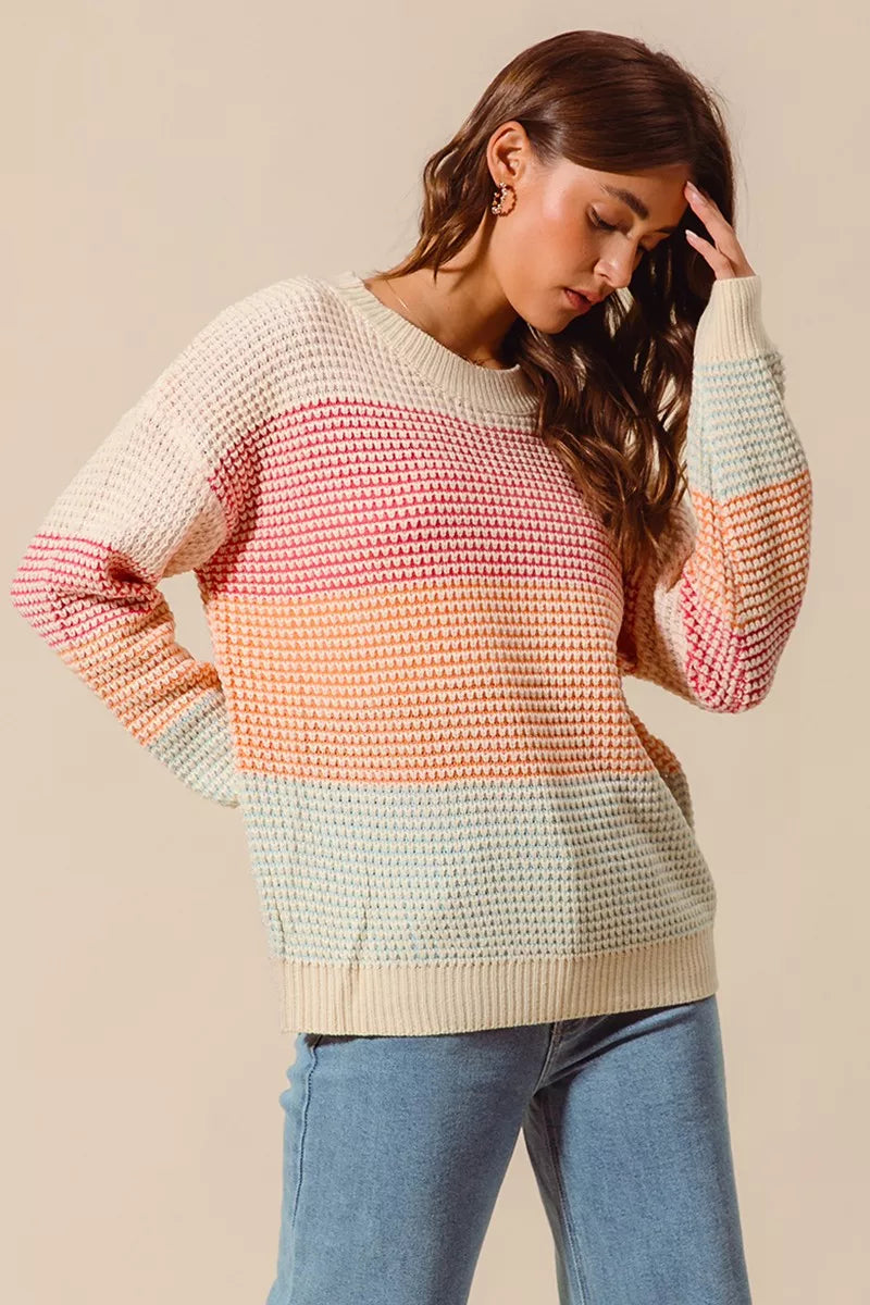 Color Block Waffle Knit Sweater - Women's Long Sleeve Top